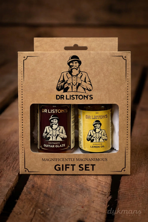 Dr. Liston's Guitar Glaze & Lemon Oil Set op een warme houten achtergrond